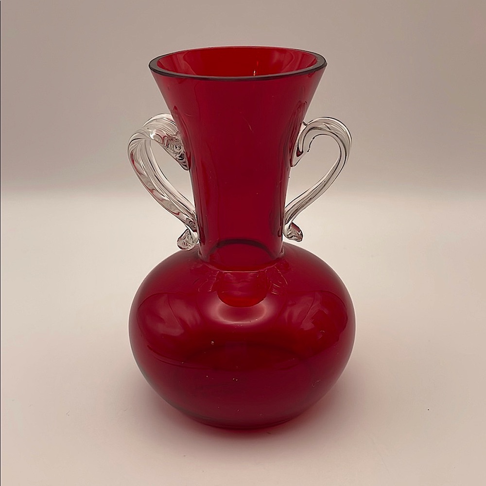 Vintage Ruby Red Czech Glass Vase Double Arm Clear Applied Handles Signed 4½"